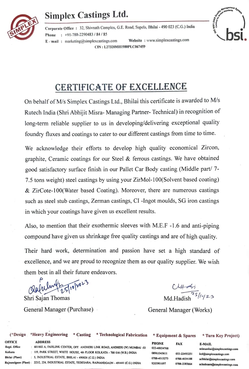 Certificate from Simplex Castings